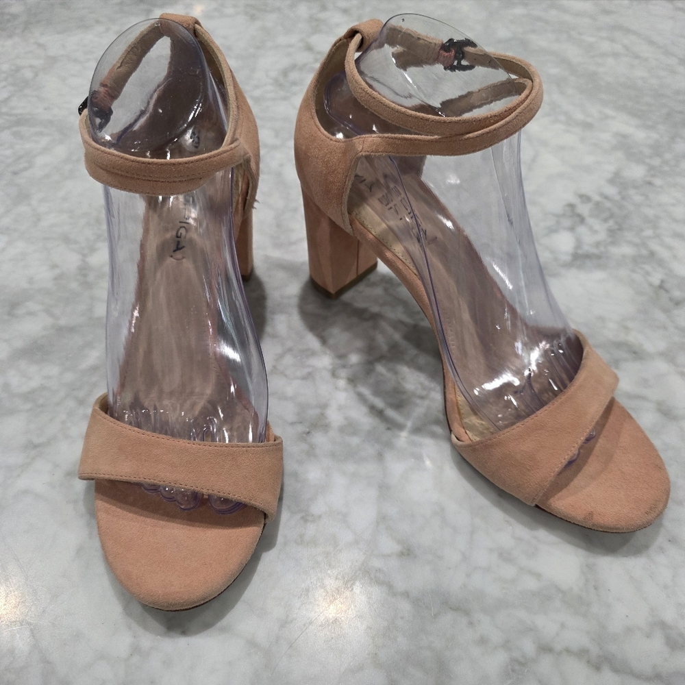 NEW Via Spiga Suede Pink Nude‎ Open Toe Block Heels 9 - Picture 2 of 7